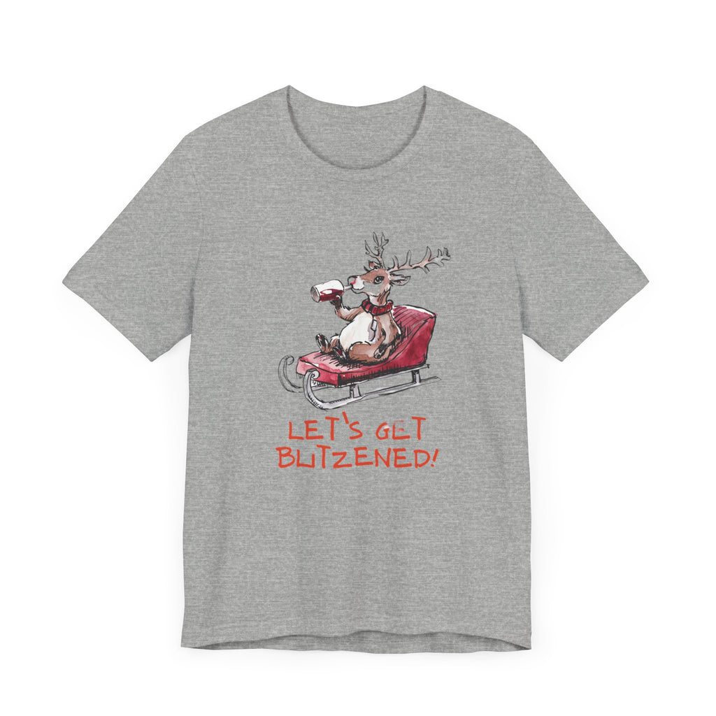 Let’s Get Blitzened! reindeer drinking Wine on Sled T Shirt