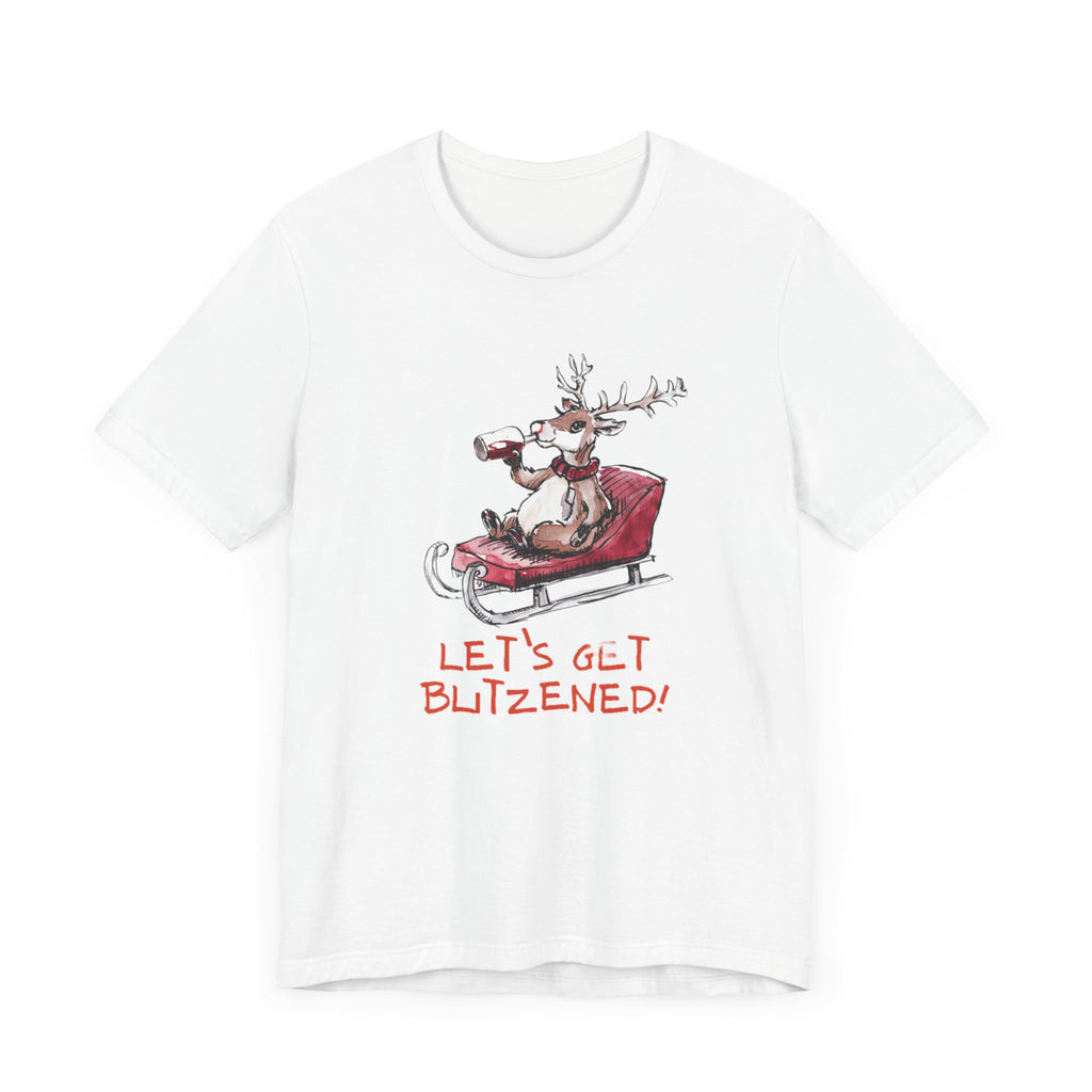 Let’s Get Blitzened! reindeer drinking Wine on Sled T Shirt