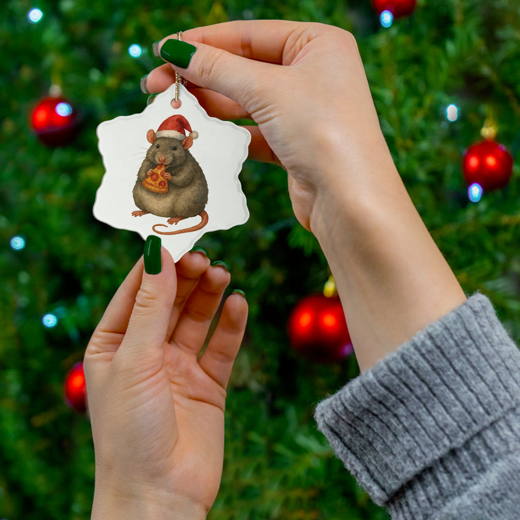 Pizza Rat ceramic Christmas ornament featuring New York City’s iconic rat holding a slice of pizza in holiday design
