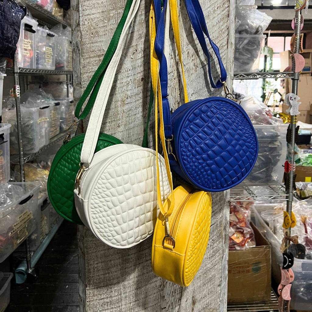 Croc-Embossed Round Crossbody Bag – Bold Textured Circle Purse in Blue, Yellow, Green, or White