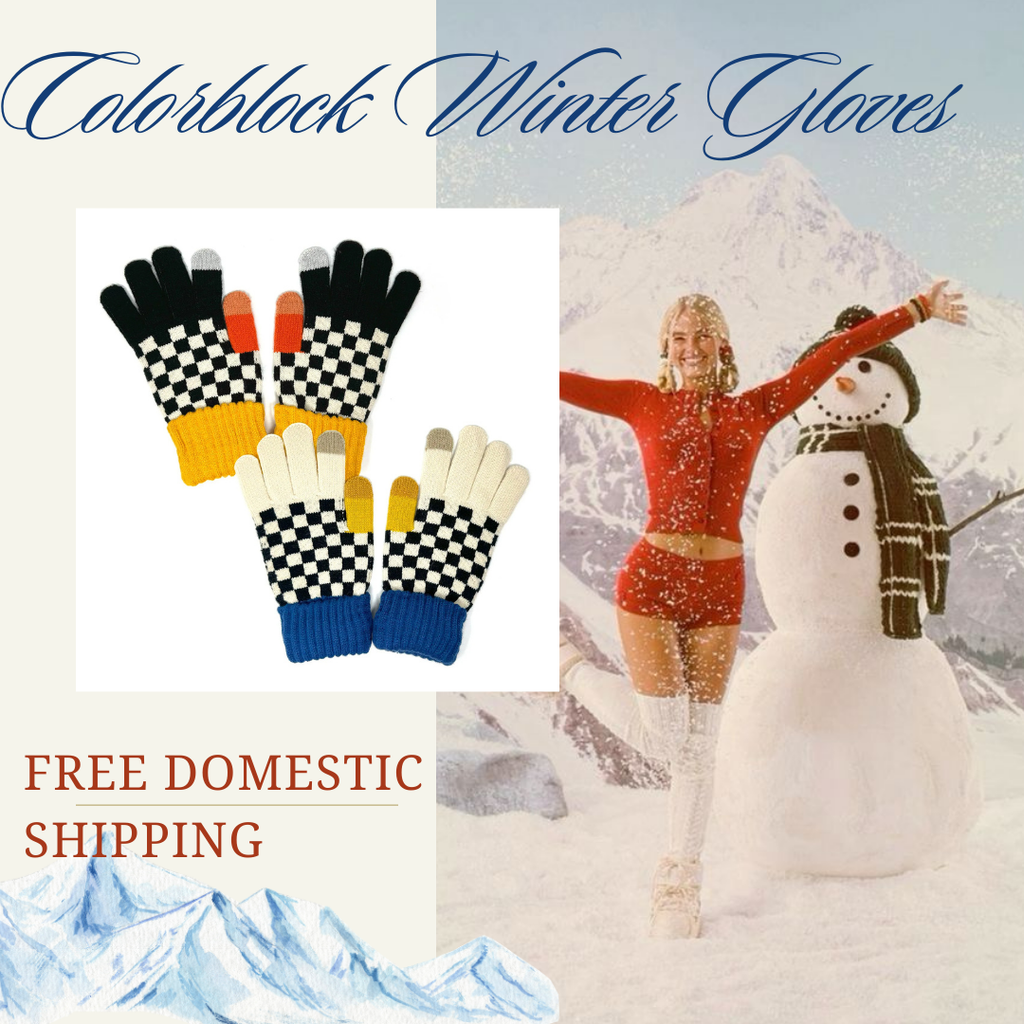 Unisex colorblock checkered winter gloves with a stylish knit pattern and cozy design.