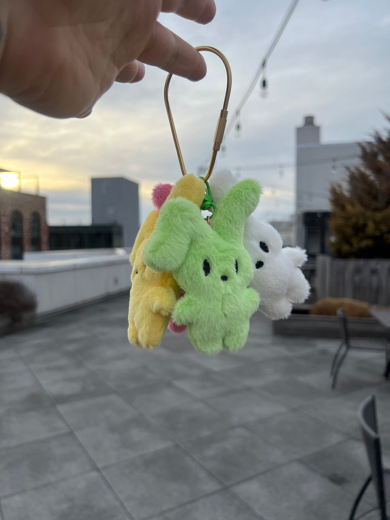 Plush bunny keychain with floppy ear in pastel colors, ideal for Easter or spring accessories.