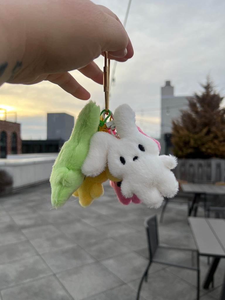 Plush bunny keychain with floppy ear in pastel colors, ideal for Easter or spring accessories.