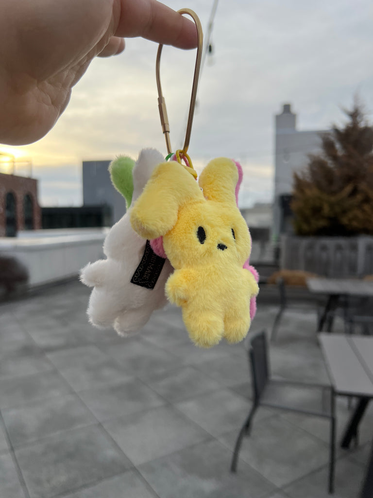 Plush bunny keychain with floppy ear in pastel colors, ideal for Easter or spring accessories.