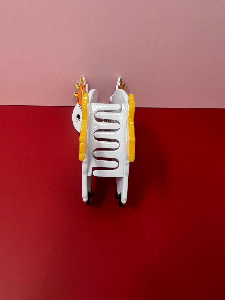 Seagull hair claw clip holding french fries, white and grey acetate design