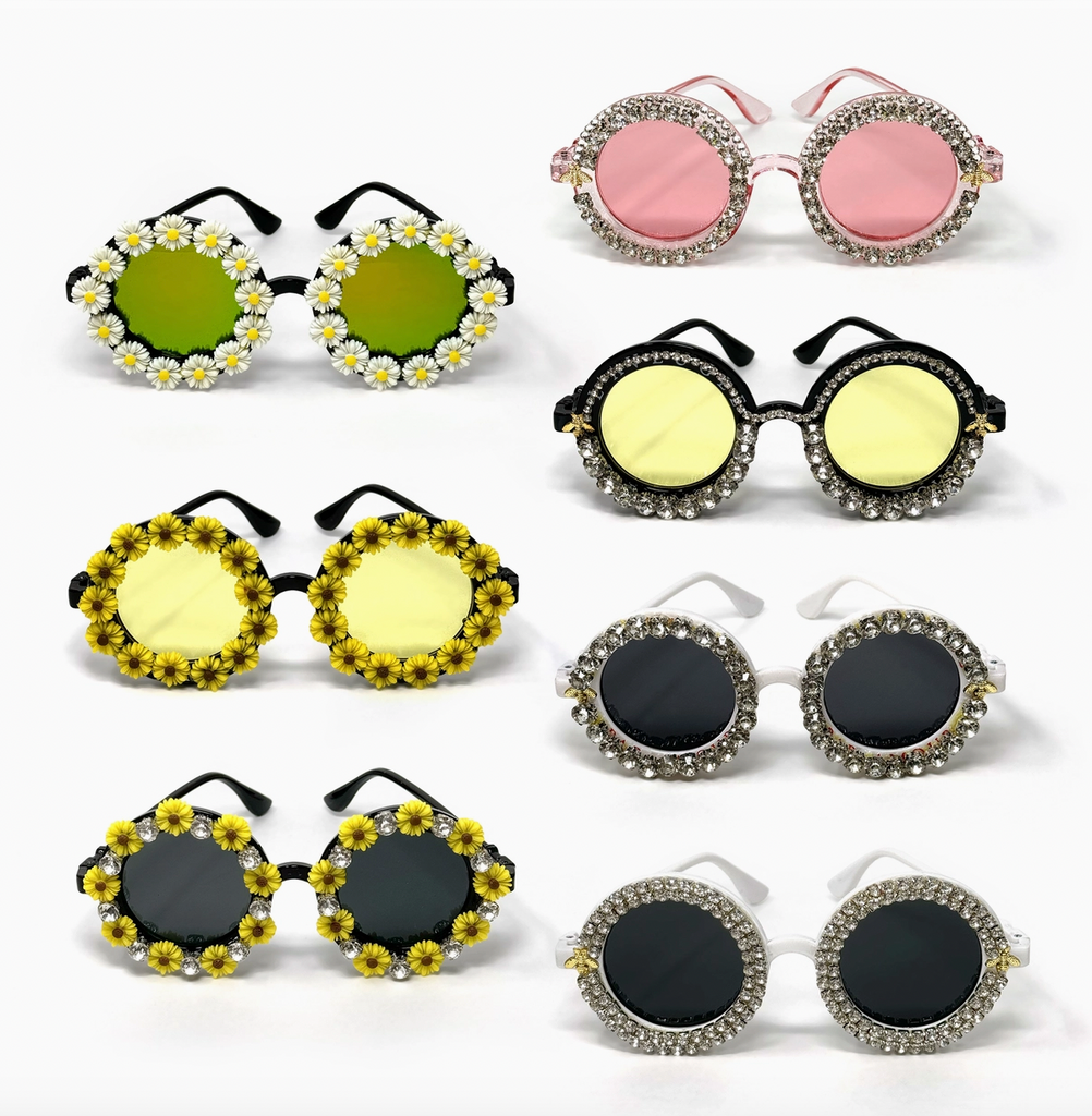Assorted round sunglasses with floral and rhinestone embellishments – includes daisy, sunflower, and crystal styles with colorful lenses