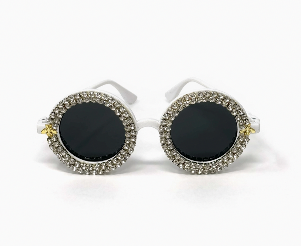 Assorted round sunglasses with floral and rhinestone embellishments – includes daisy, sunflower, and crystal styles with colorful lenses