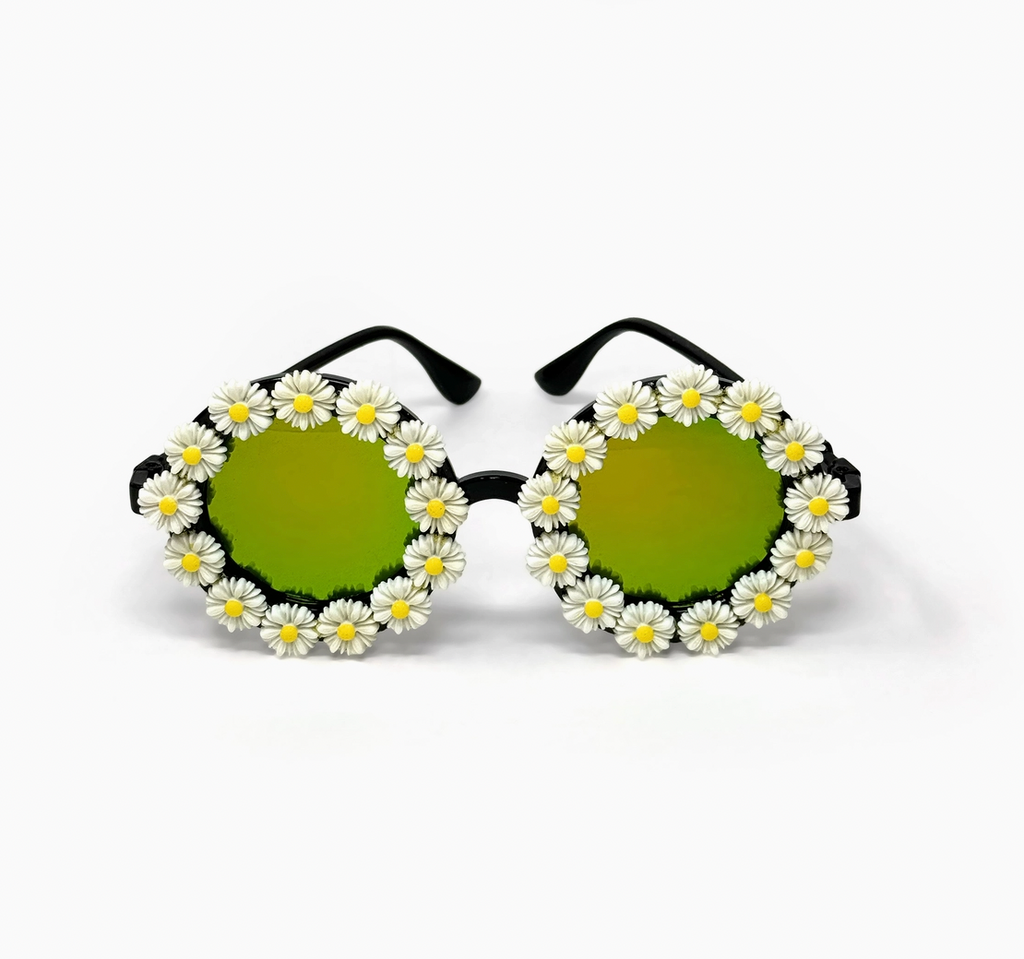 Assorted round sunglasses with floral and rhinestone embellishments – includes daisy, sunflower, and crystal styles with colorful lenses