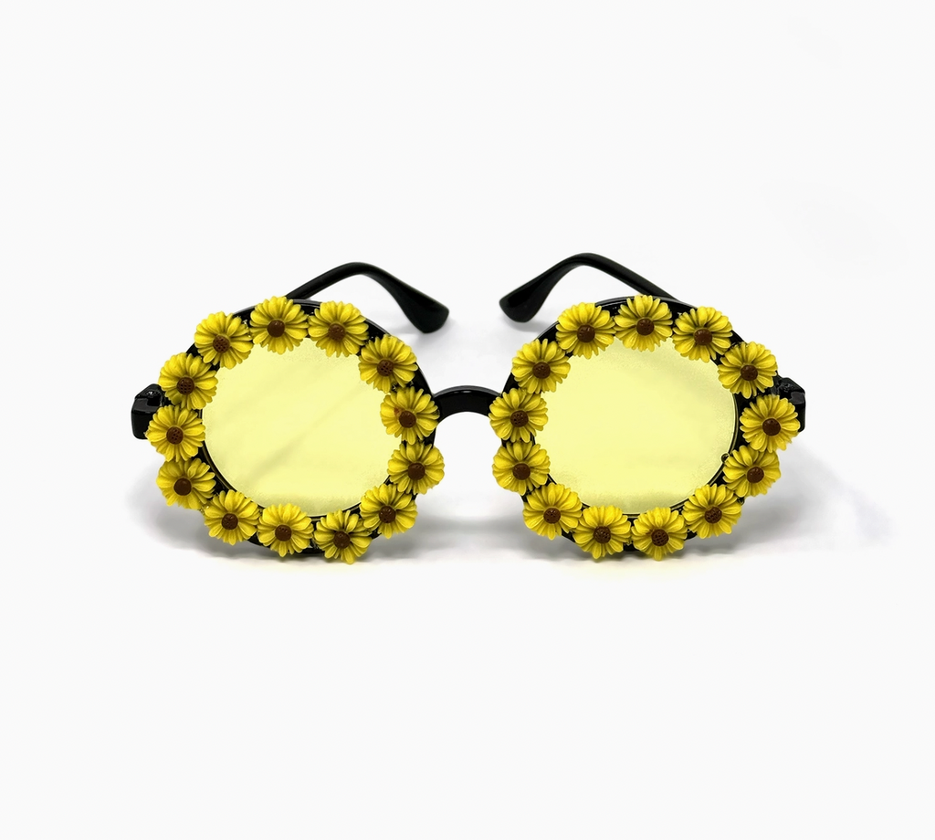 Assorted round sunglasses with floral and rhinestone embellishments – includes daisy, sunflower, and crystal styles with colorful lenses