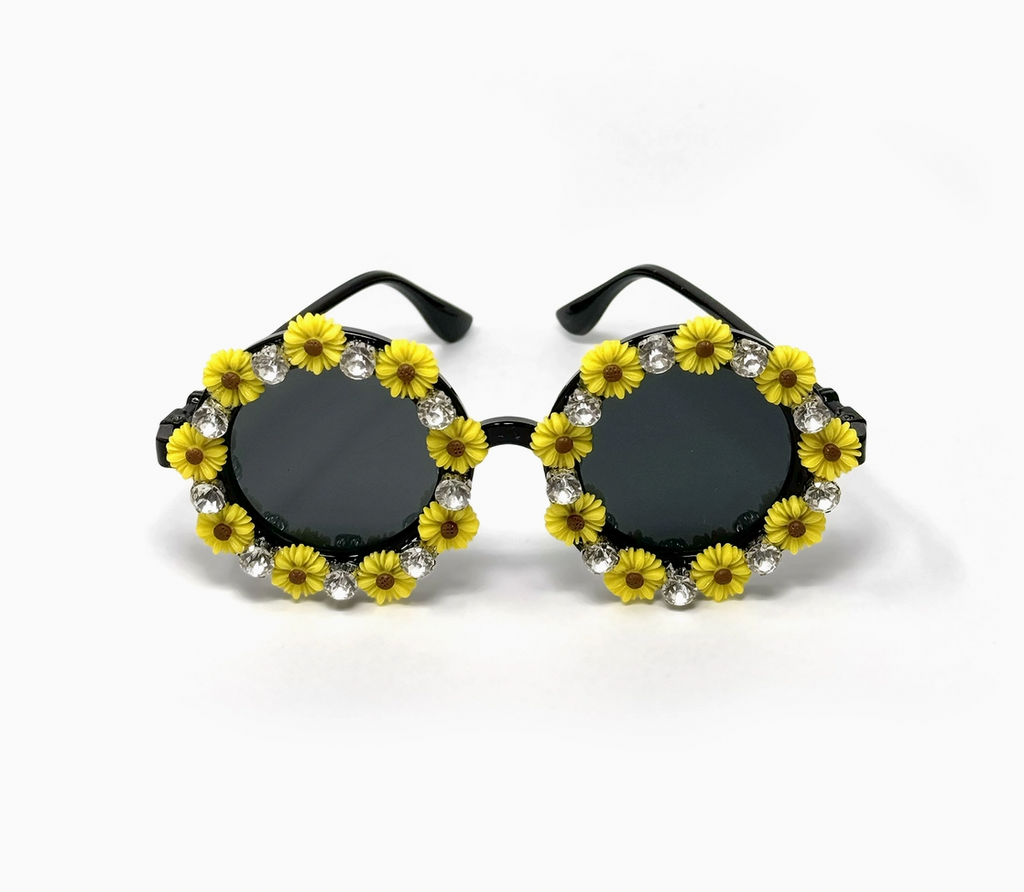 Assorted round sunglasses with floral and rhinestone embellishments – includes daisy, sunflower, and crystal styles with colorful lenses