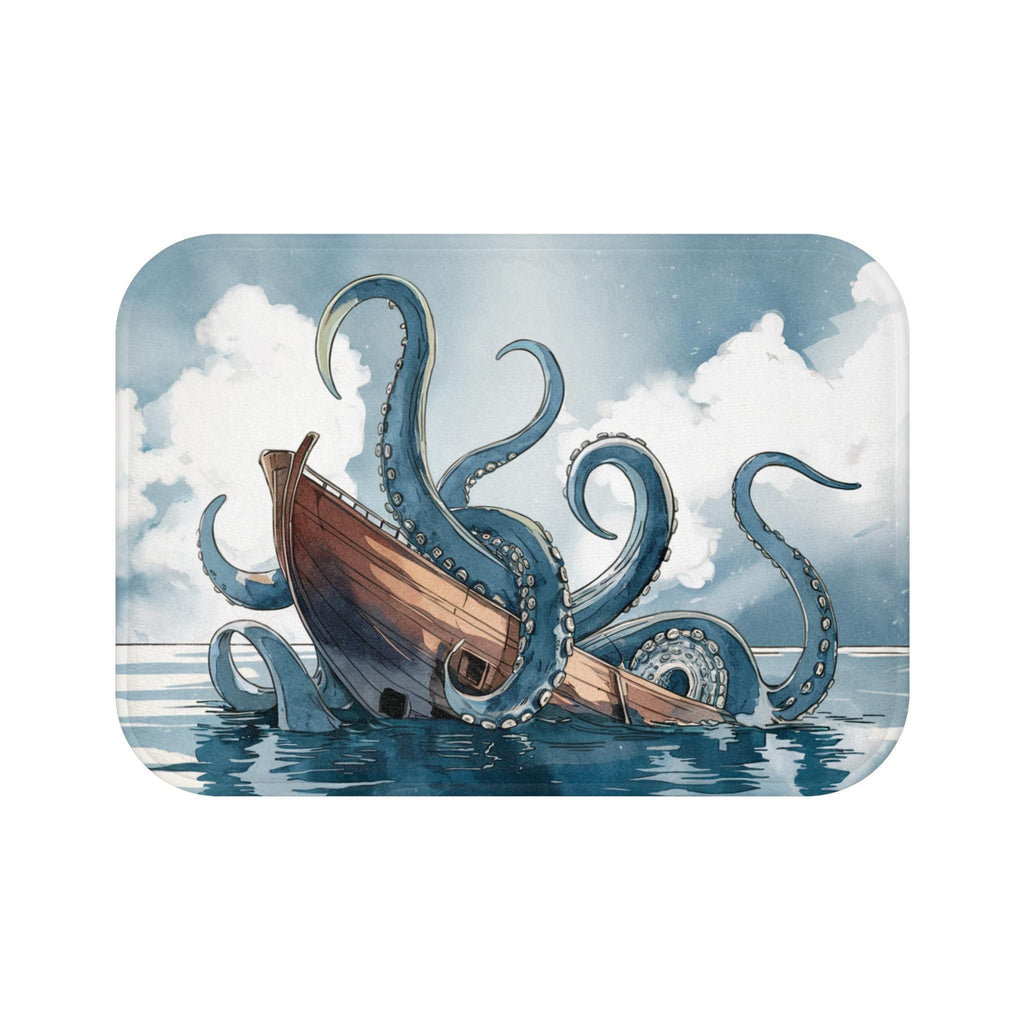 Whimsical Kraken underwear bath mat with memory foam and non-slip backing, designed for cozy and fun bathroom decor.
