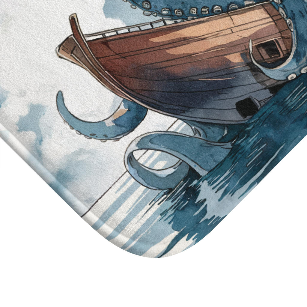 Whimsical Kraken underwear bath mat with memory foam and non-slip backing, designed for cozy and fun bathroom decor.
