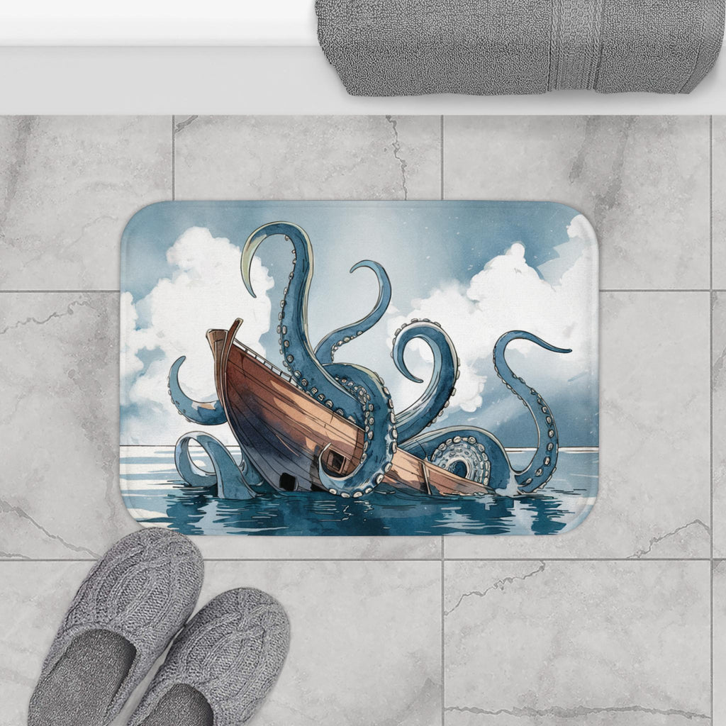 Whimsical Kraken underwear bath mat with memory foam and non-slip backing, designed for cozy and fun bathroom decor.