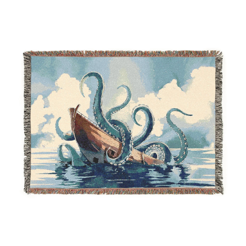 Colorful Kraken-themed woven cotton blanket with decorative fringe, perfect for cozy home decor or gifting.